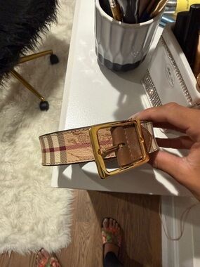 Burberry Monogram Leather Belt with Gold Buckle - Beige/Tan